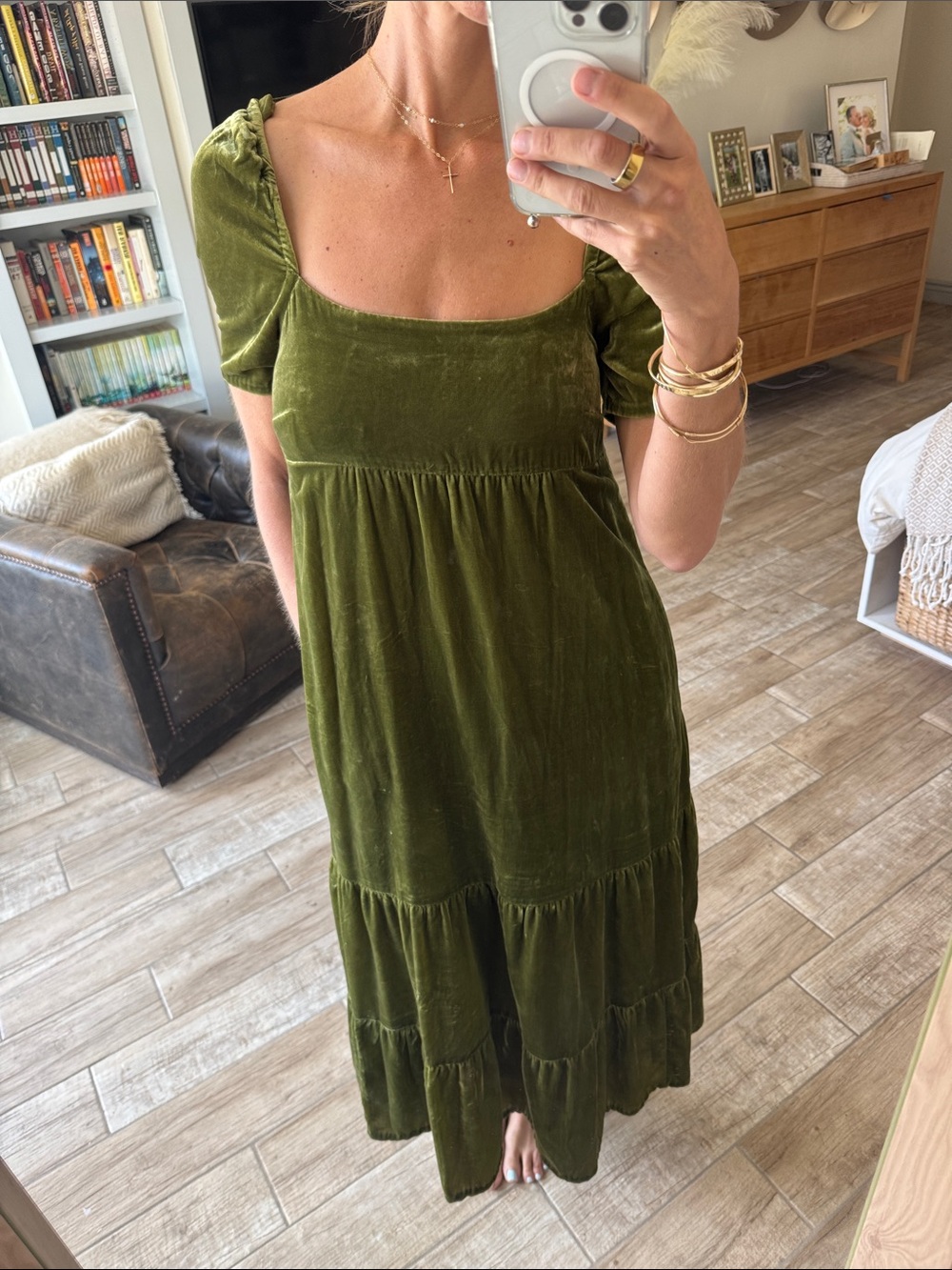 Anthropologie Olive Velvet Square-Neck Tiered Maxi Dress